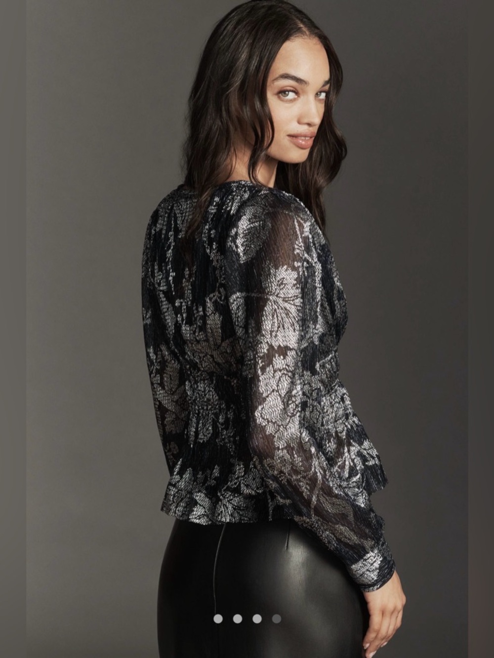 Anthropologie Black Navy and Silver Metallic Floral V-Neck Peplum Blouse - Picture 5 of 17